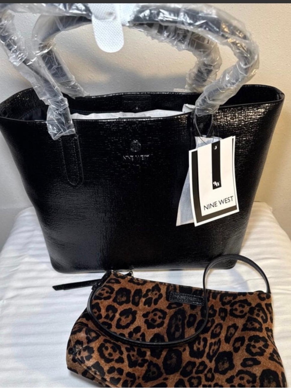 Nine West Black Tote with Leopard Print Wristlet